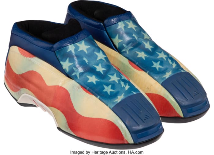 View of Kobe Bryant's American flag-themed adidas shoes.